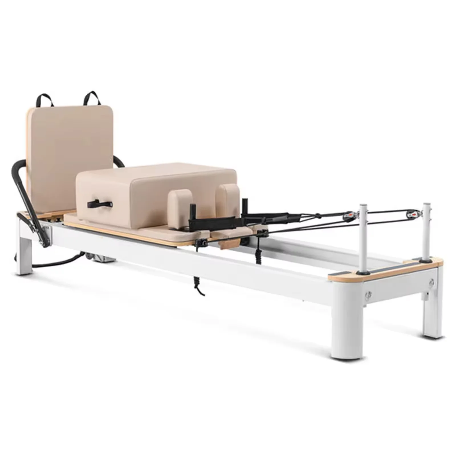 Studio and Personal White Aluminum Pilates Reformer with Seated Extender Double Loop Strap