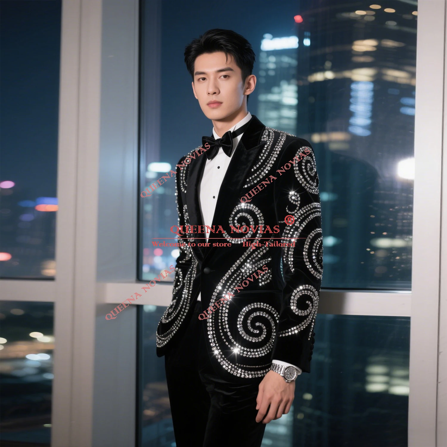 

Sparkly Jewelry Stones Groom Tuxedos Customized 2 Pieces Velvet Suit Men For Wedding Man Banquet Party Dresses traje de hombre