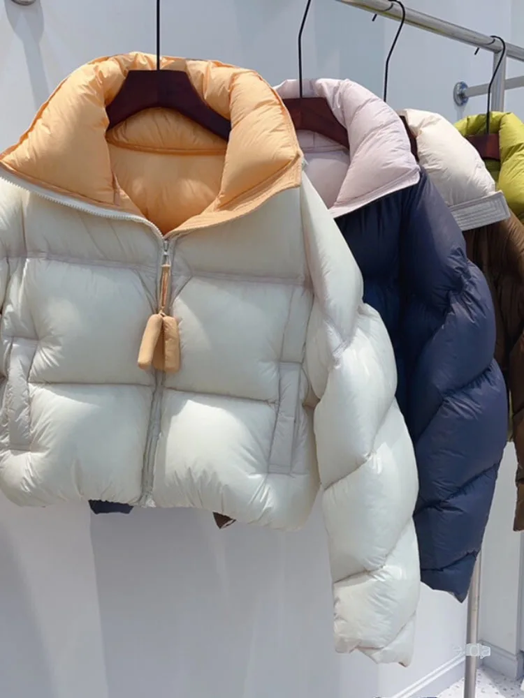2024 New Winter White Duck Down Casual Coat Women Stand Collar Zipper Loose Puffer Parka Thicken Warm Down Short Jacket