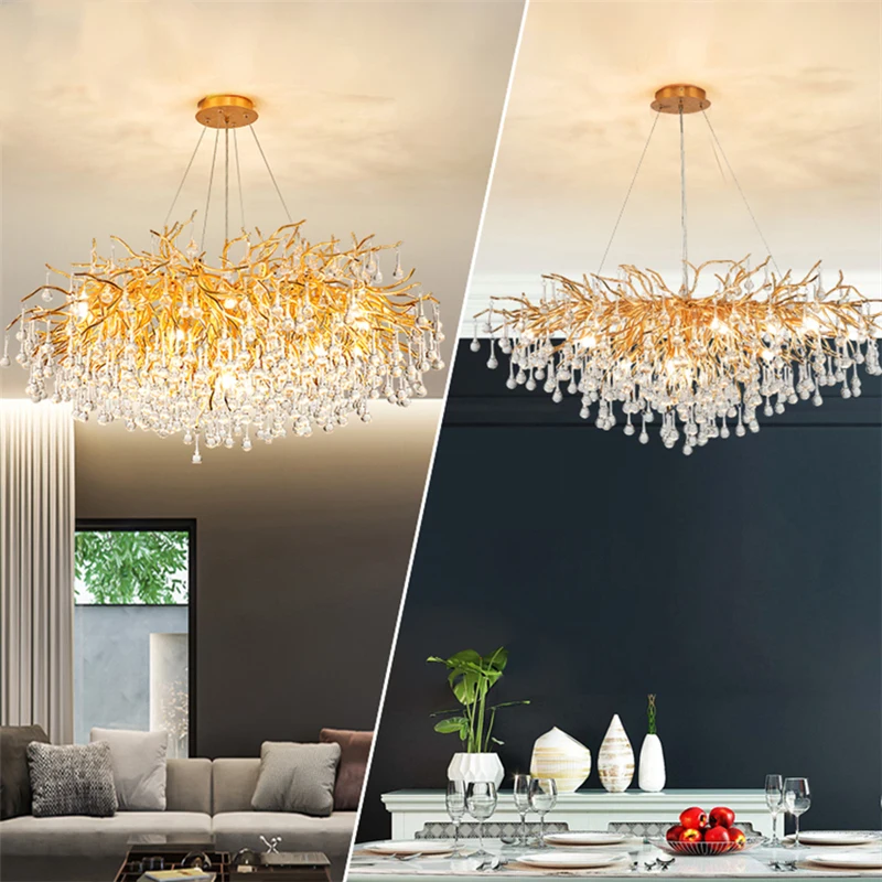 Luxury Gold Living room Chandelier Branch Shiny K9 Crystal Chandeliers Fixture for Bedroom Cloth Shop Lobby Dining Room