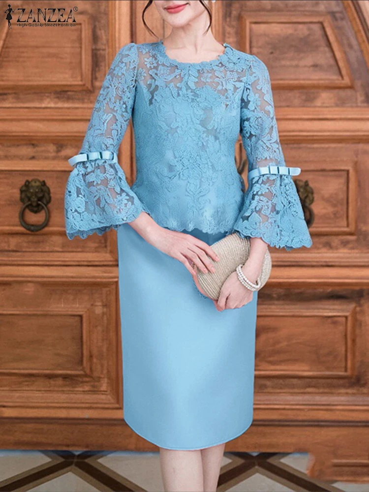 2025 Abiti estivi patchwork in pizzo ZANZEA Abito da festa elegante da donna Elegante manica a 3/4 scava fuori Abiti da lavoro in raso