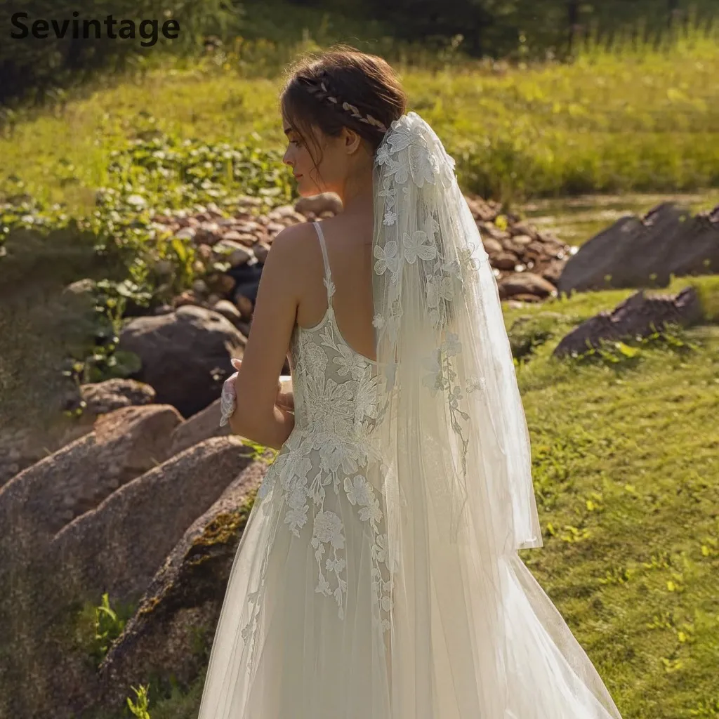Sevintage 2026 Ivory Spaghetti Straps Wedding Dress 3D Floral Lace A Line Tulle Bridal Gown Long Train Garden Wedding Customized