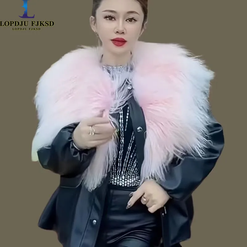 

Faux Fur Coat for Women,Single Breasted Fur Collar PU Jacket,Thick Warm Clothes,England Style,High Quality,Autumn and Winter