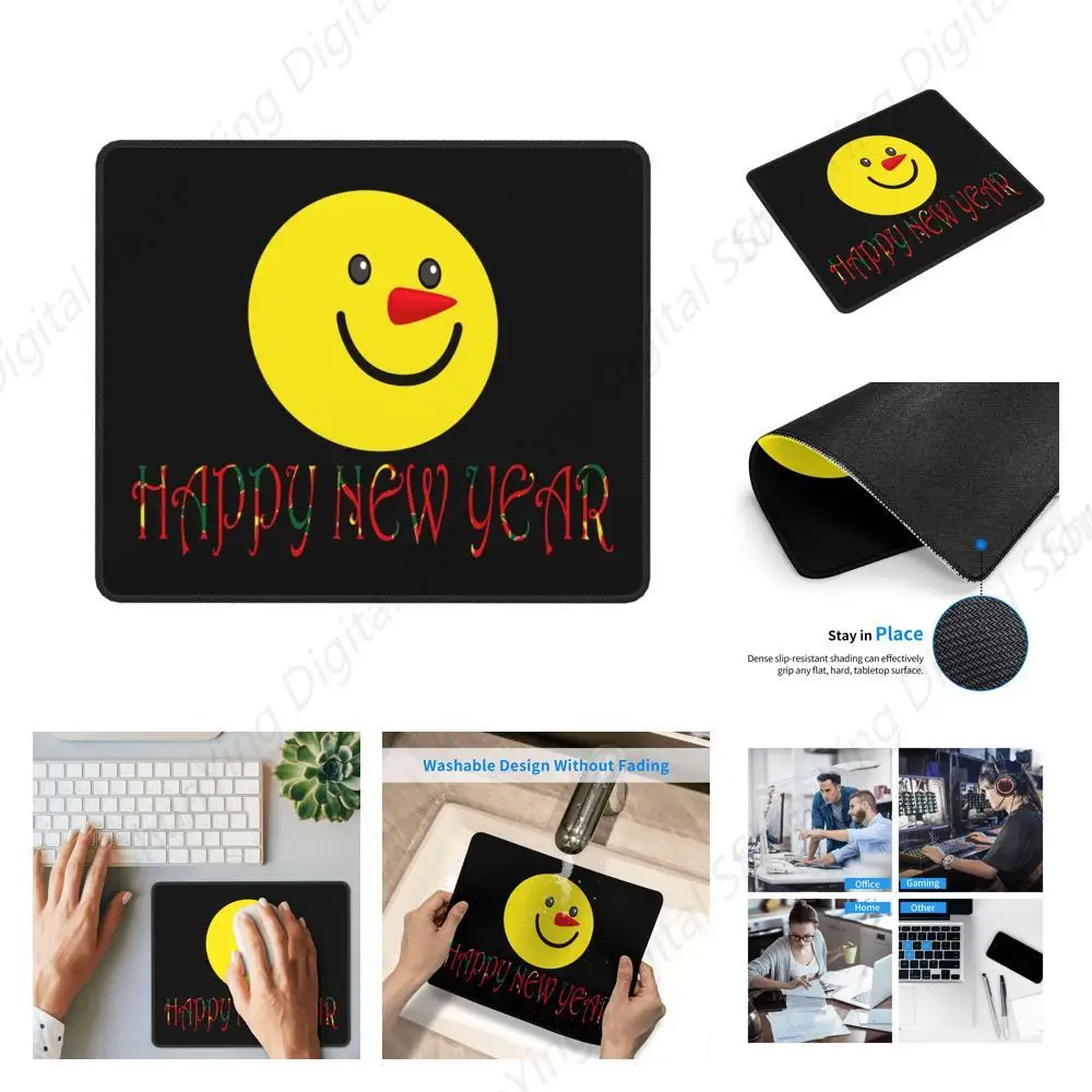 Tapis de souris antidérapant Happy New Year avec motif de visage souriant, cadeau en caoutchouc pour ordinateur portable, accessoires de bureau, tapis de jeu, 18x22cm