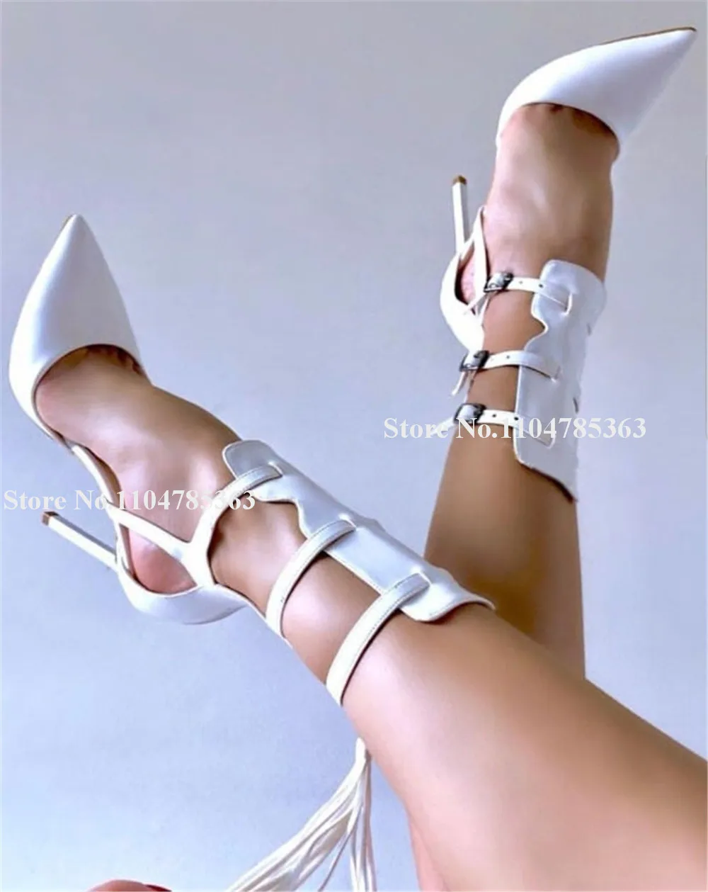 

Fashion White Brown Black Stiletto Heel Tassels Gladiator Pumps Sexy Cut-out Pointed Toe Strappy Buckles Thin Heels Big Size