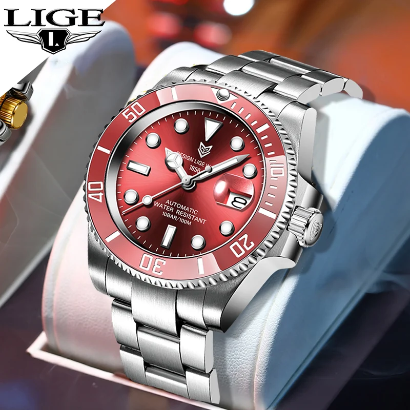 

New LIGE Red Automatic Mechanical Watch Diver Watch Sports Waterproof Watches Luxury stainless steel watch men relojes mecánicos