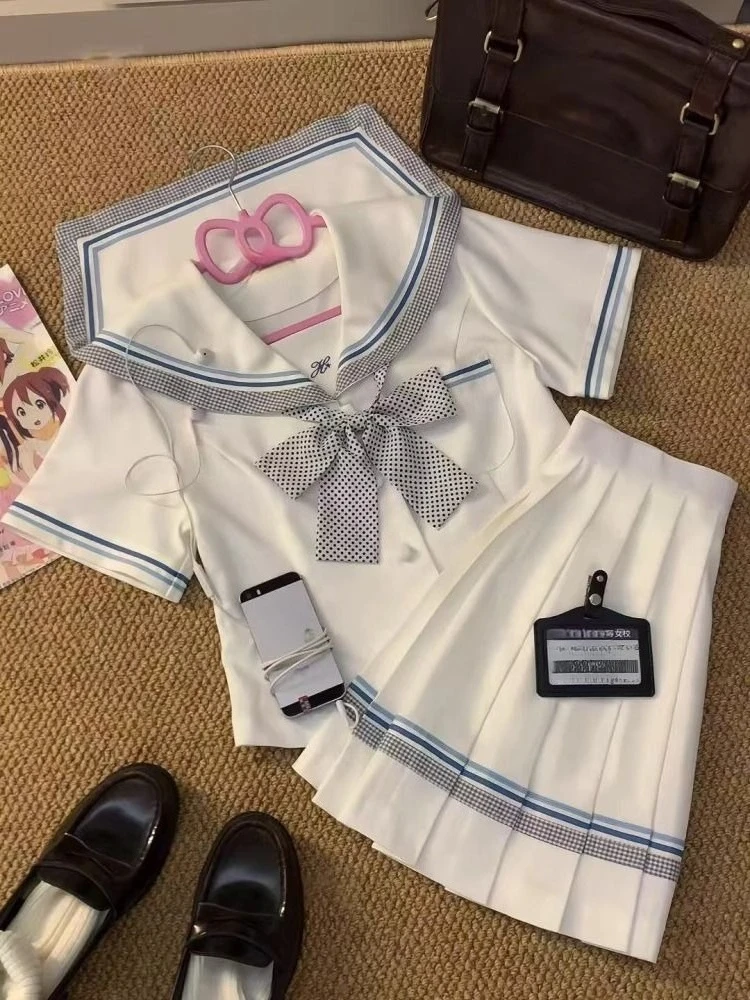 

Школьная летняя форма JK в японском стиле, комплекты с бантом, матросский топ с короткими рукавами + плиссированная короткая юбка с высокой талией, женский комплект из двух предметов