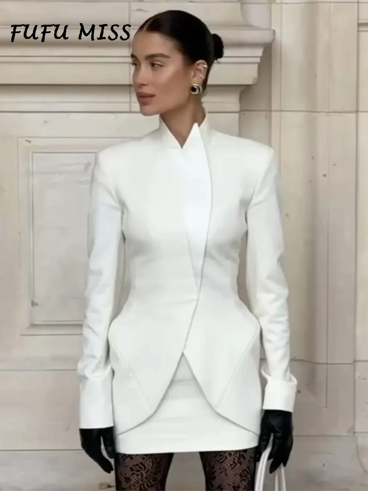 

Elegant Blazer 2 Piece Set For Women Slim Stand Collar Long Sleeve Button Jacket Mini Skirt Suit Office Lady Outfits All-match