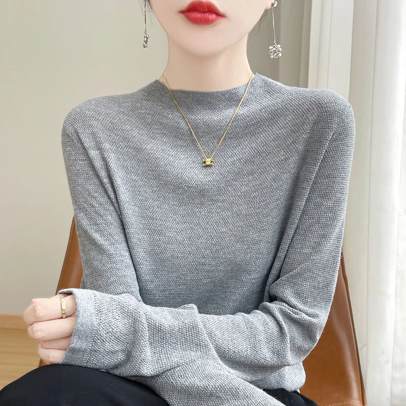 

Women's Semi High Neck Fine Imitation Wool Pullover T-Shirt Long Sleeved Solid Color Thin Design Basic Base Sweater Knitted Top