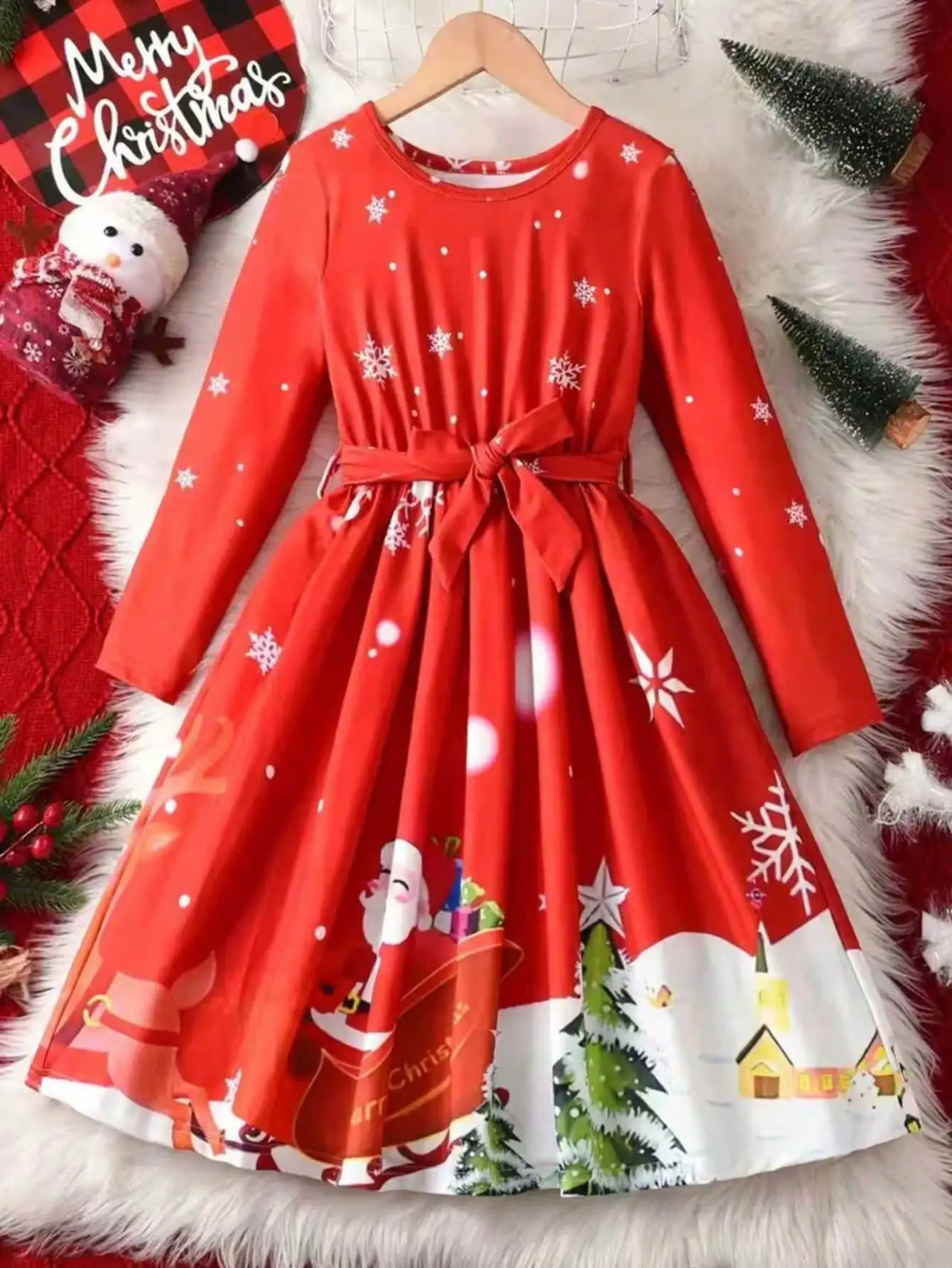 Kids Christmas Printed Dress Casual round Neck Long Sleeve Tied Waist Autumn Winter Clothing for Children
