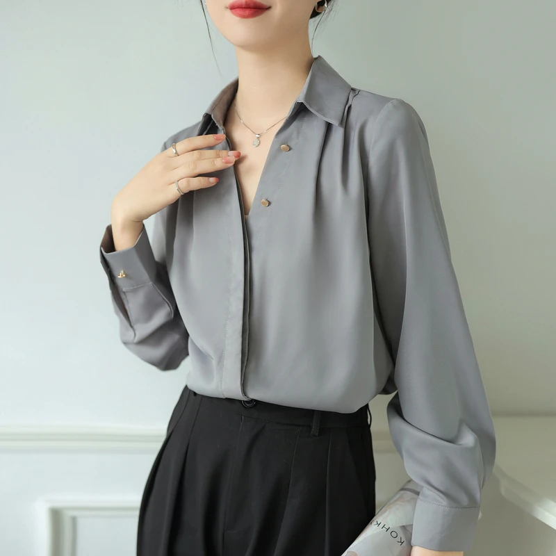 Autumn Korean V-Neck Grey Women's Blouse 2023 New Long Sleeve Single Breasted Casual Office Shirts Tops Female