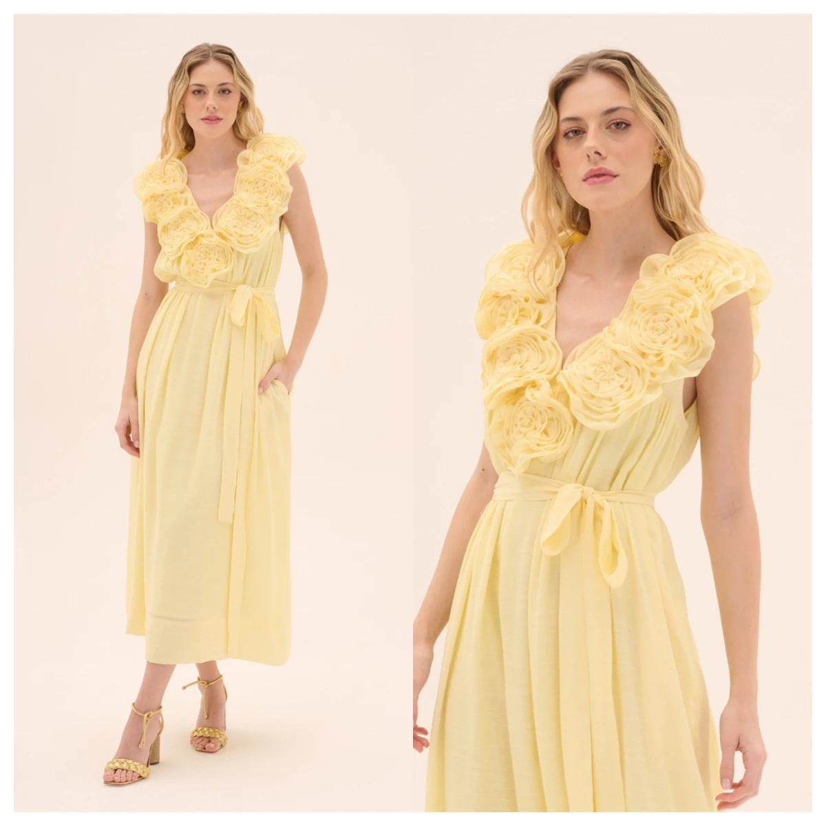Vestido de noite de chiffon amarelo temperamento personalizado com decote em v sem mangas vestido de baile flores requintado