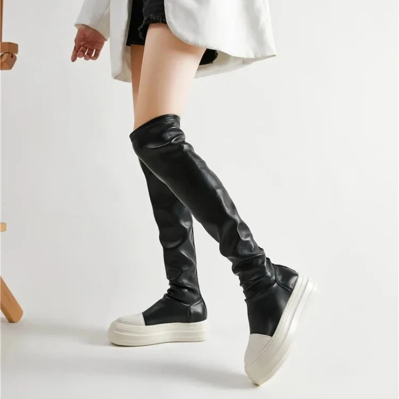 

2024. Дизайнерская женская обувь. Сапоги выше колена. Роскошные кроссовки. Повседневная зимняя весенняя обувь на плоской подошве. Черные сапоги до середины икры большого размера.