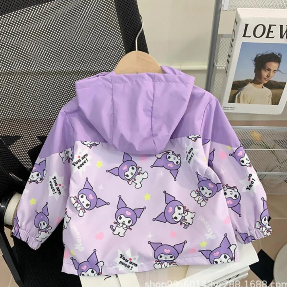 Anime Sanrio Spring Autumn Kuromi Kid Polarized Jacket Hooded Fashion Cartoon Casual Coat Glowing Icon Outdoors Windbreakerwarm