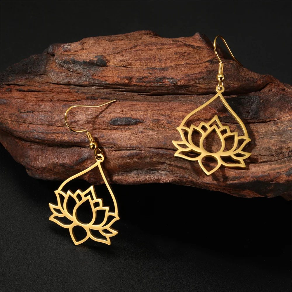 My Shape Hollow Lotus Drop Earrings for Women Stainless Steel Flower Dangle Earring Yoga Buddhism Jewelry Gifts Amulet Wholesale