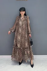 Autumn New Printed Patchwork Women Leopard Loose Long Dresses Ladies Fashion Long Sleeve A-line Dress Wholesale J297