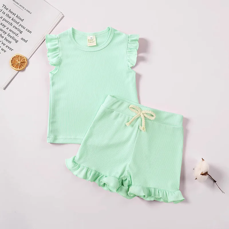 أطفال بنات ملابس مجموعات الصيف بلوزات بلا أكمام السراويل 2 قطعة مجموعات ملابس الأطفال عادية بلون طفل رضيع الفتيات وتتسابق #3