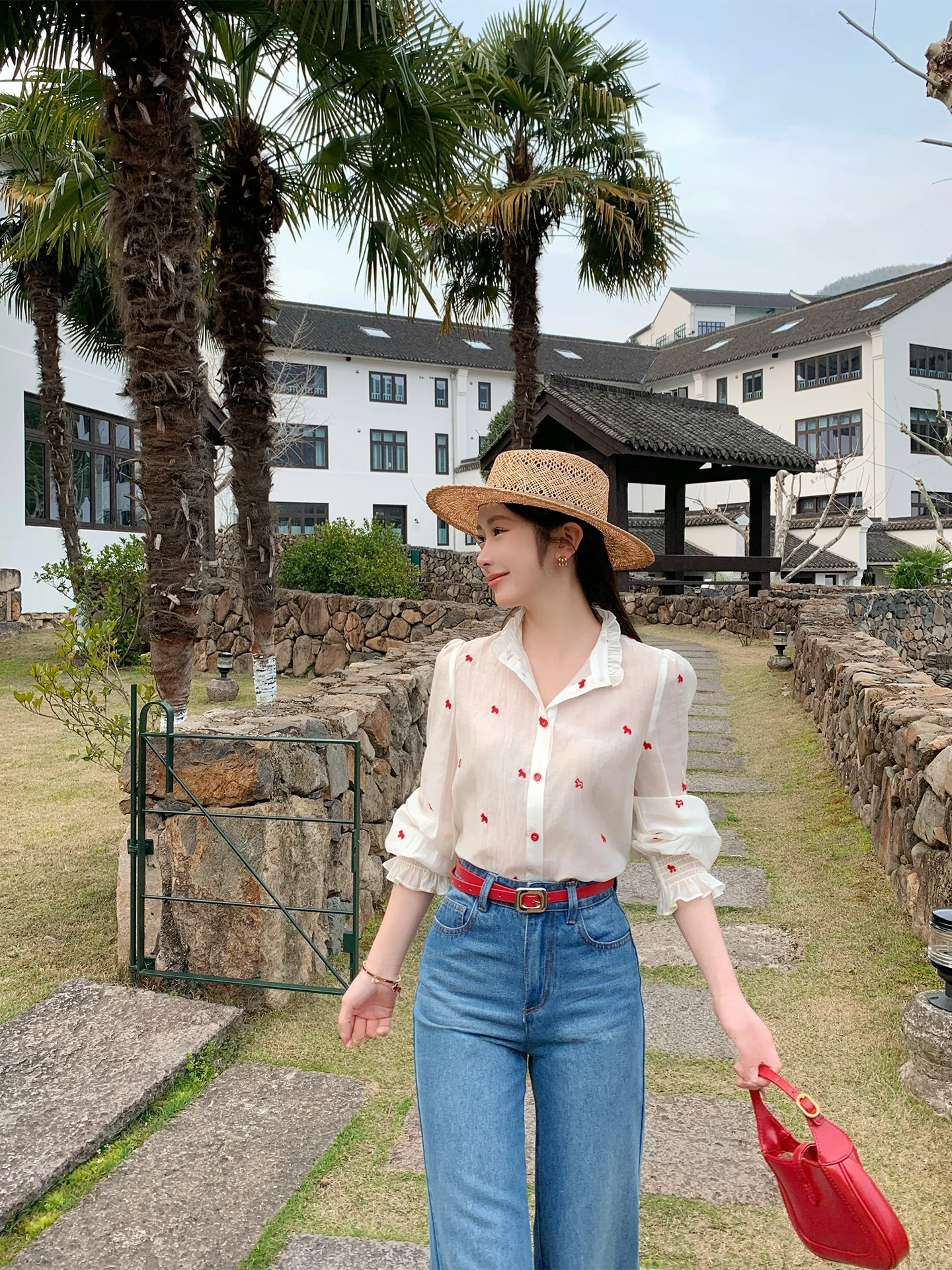 

Новая летняя женская блузка Sweetheart Miniature: красная, с вышивкой, из шелка, винтажный стиль, дышащая, комфортная, с длинным рукавом