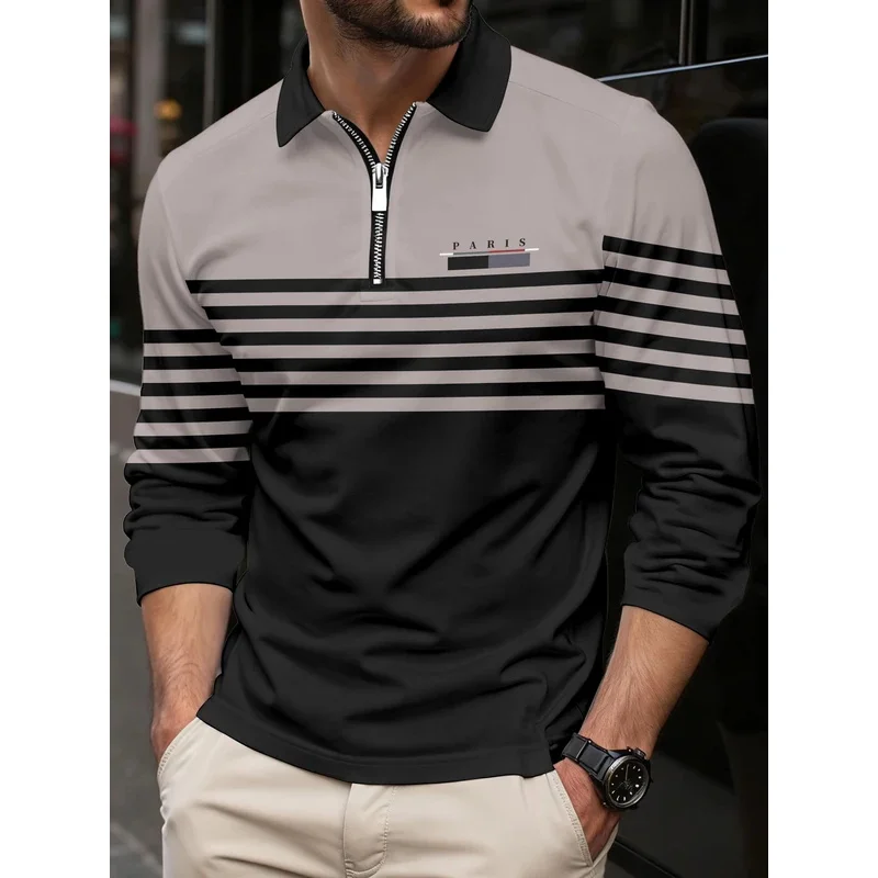 

Spring and Autumn new men's long-sleeved zipper striped shirt men's quick-drying sports polyester lapel polo shirt