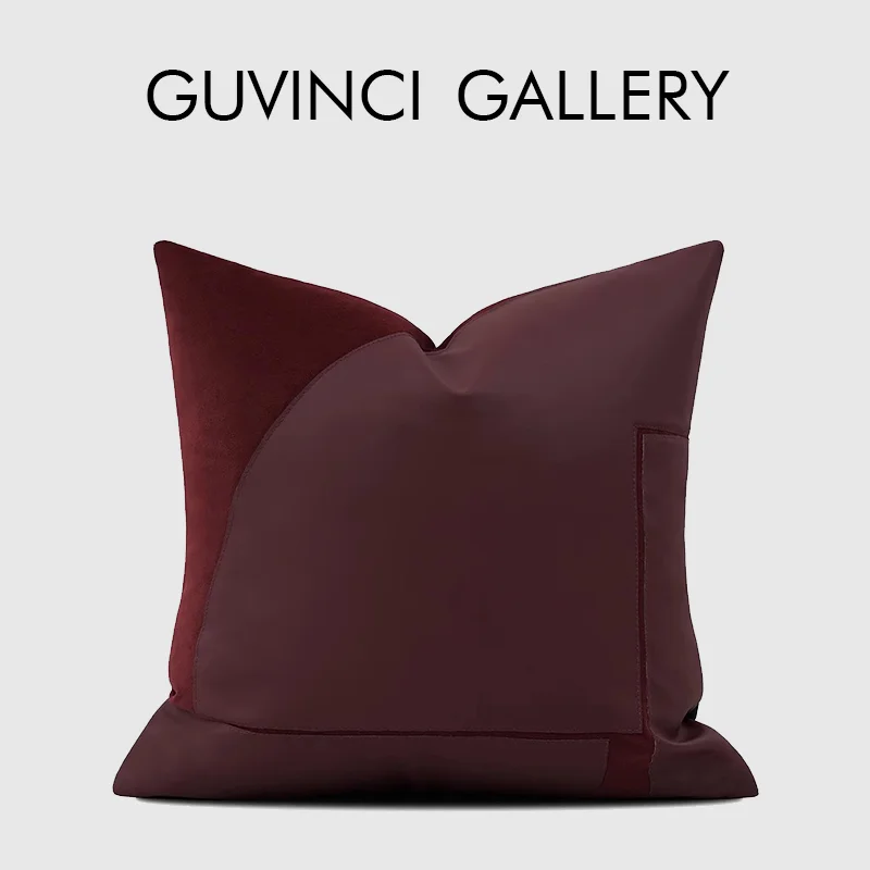 GUVINCI Contemporary Faux Leather Burgundy Pillow Cover Luxury Arc Geometry Patchwork Cushion Case Artisan Handmade Pillowcase