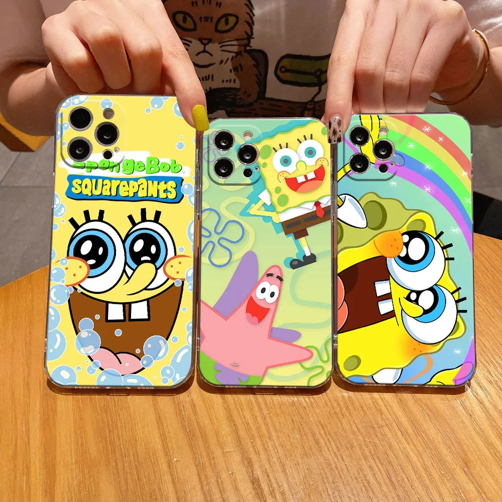 Cartoon S-SpongeBobs-Boys-SquarePants Clear Phone Case For iPhone 15 14 11 12 13 Pro Max Mini X XS 8 7 Plus Back Cover Soft Case