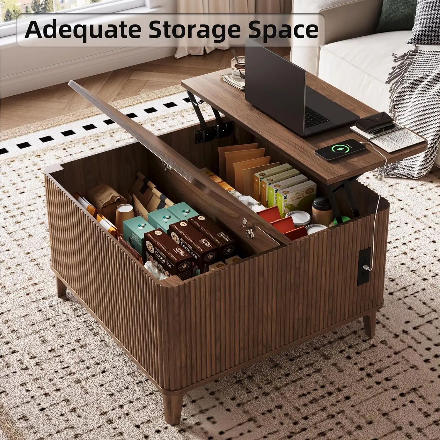 Mesa de centro estriada moderna de mediados de siglo de 31,4 pulgadas, mesa central superior elevable cuadrada con almacenamiento, diseño de pie para sala de estar/oficina