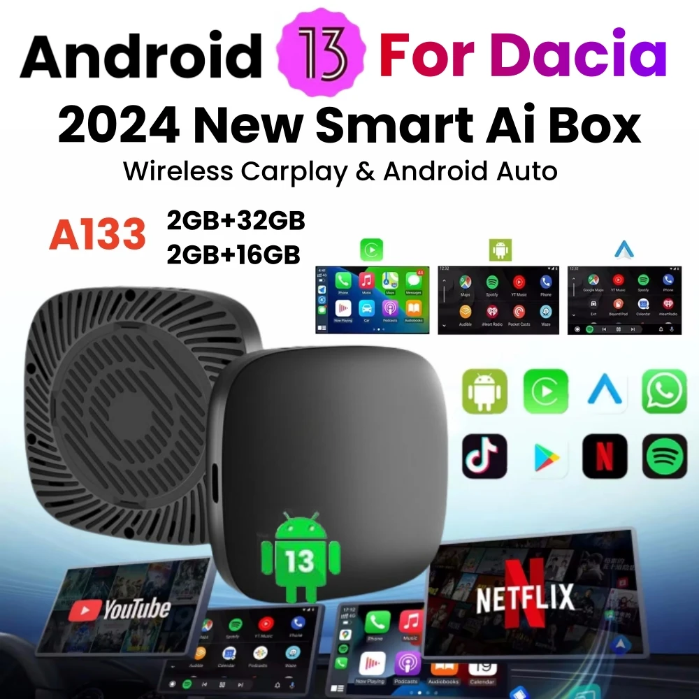 Carplay Ai Box Wireless CarPlay Android 13 Auto Tv Box For Youtube Netflix For Dacia Spring Logan Sandero Sandero Stepway Duster