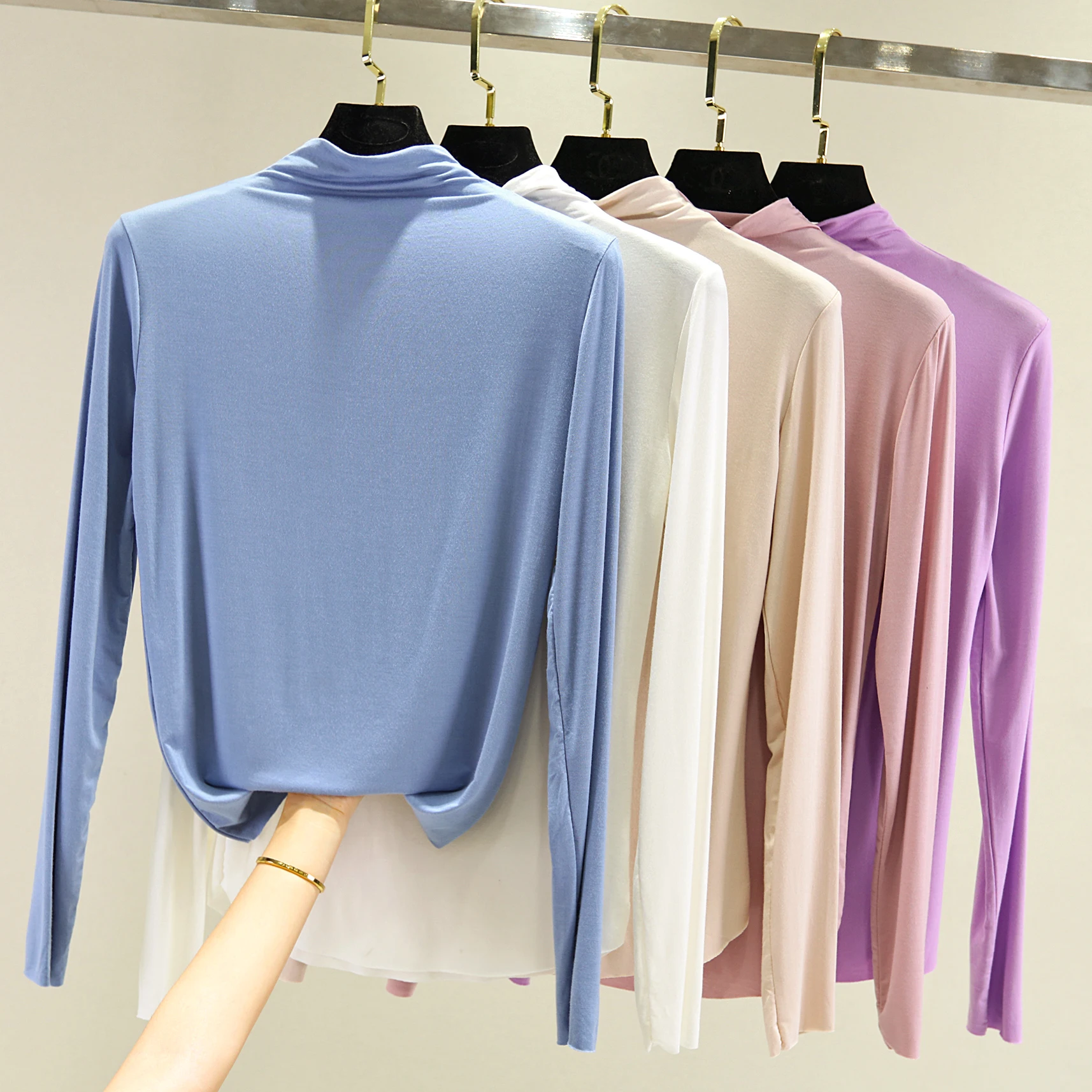 Slim Fit femmes Base irt f col haut Modal mince longue Sve T-irt Faionable toutes les saisons trajet Sle longueur régulière