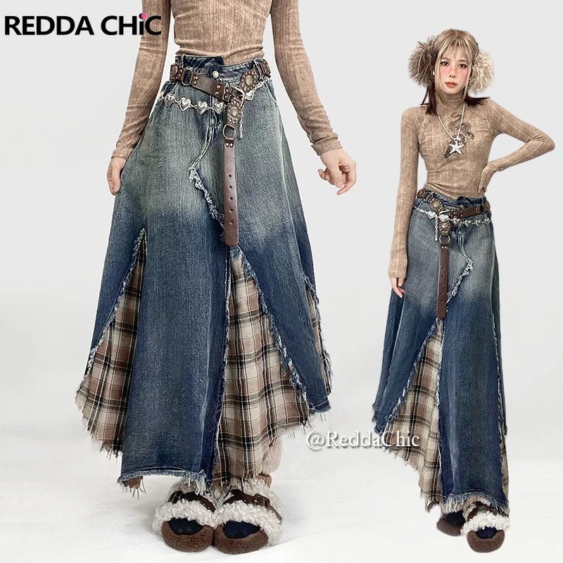 REDDACHiC Irregular Patchwork Plaid Denim Skirt Women Do Old Gradient Overlay Waist Maxi Long Jeans Skirt Y2k Retro Streetwear