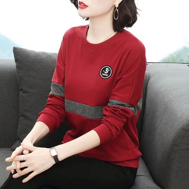 Fashion O-Neck Long Sleeve Spliced All-match T-Shirts Women Clothing 2024 Autumn Winter New Loose Casual Tops Commuter Tee Shirt