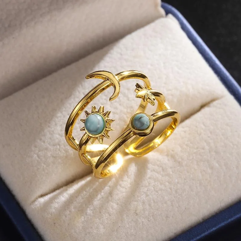 

Ретро-кольцо из нержавеющей стали с бирюзовым вкраплением для женщин, открытое, нерегулярной формы, элитное, модное украшение для рук