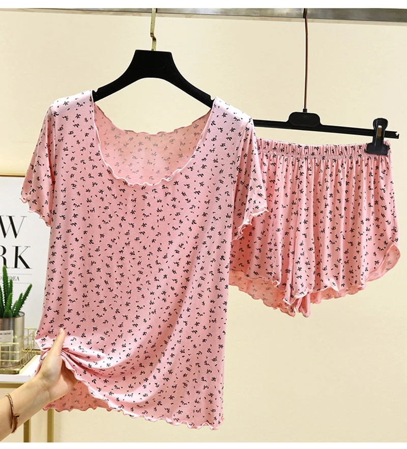 

Шикарный комплект из 2 предметов из модала с цветочным принтом, мягкий и дышащий топ с короткими рукавами и шорты, свободная женская одежда для сна, домашняя одежда