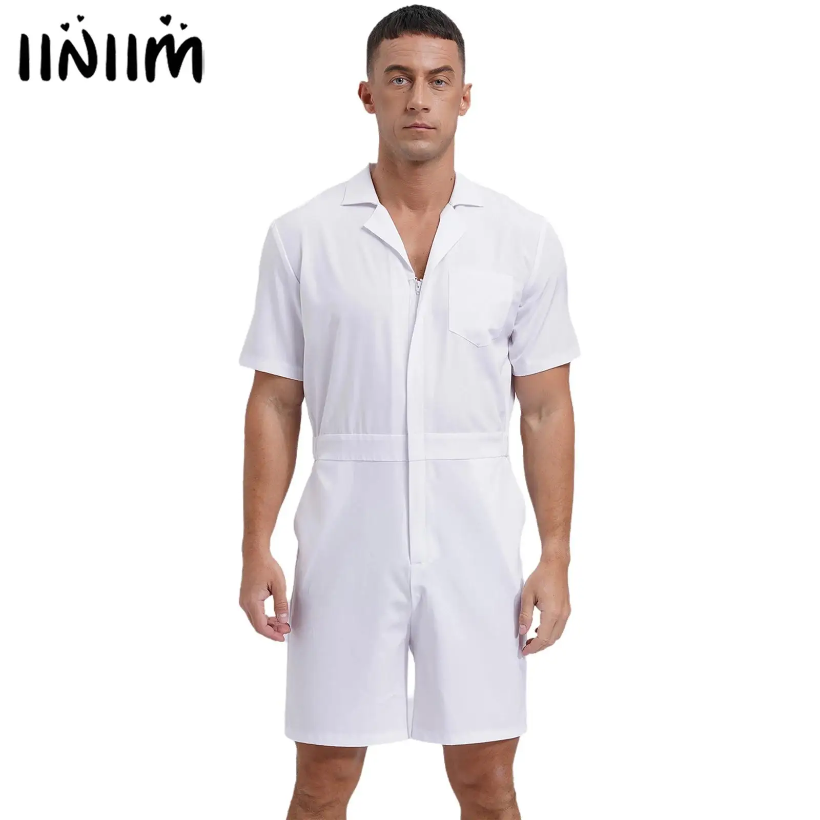 

Mens Stylish Solid Color Overalls Jumpsuit Turn-down Collar Short Sleeve Front Zip Short Bottom One Piece Rompers Tracksuits