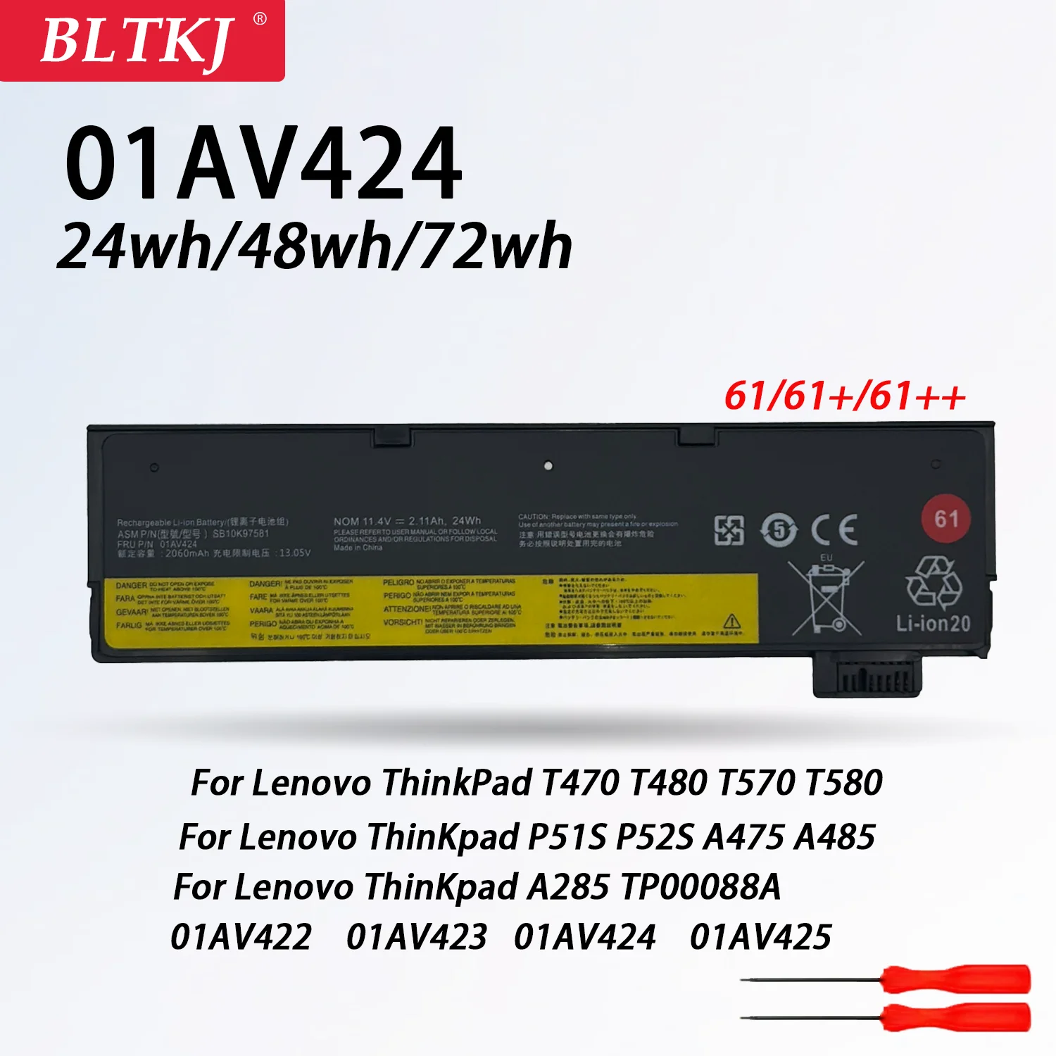 NEW 01AV423 01AV424 SB10K97580 Laptop Battery For Lenovo ThinkPad T470 T570 T480 T580 P51S P52S TP25 A475 01AV452 61++   10.8V 6