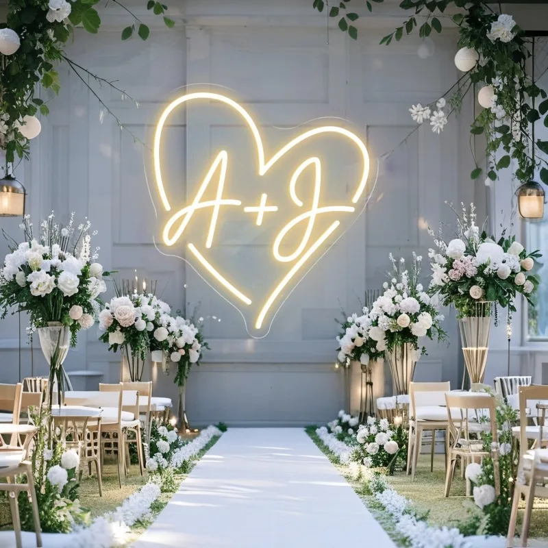 Custom Initials Heart LED Neon Sign, Personalized Name Neon Light For Wedding Party Backdrop Home Wall Decor, Gift For Couple