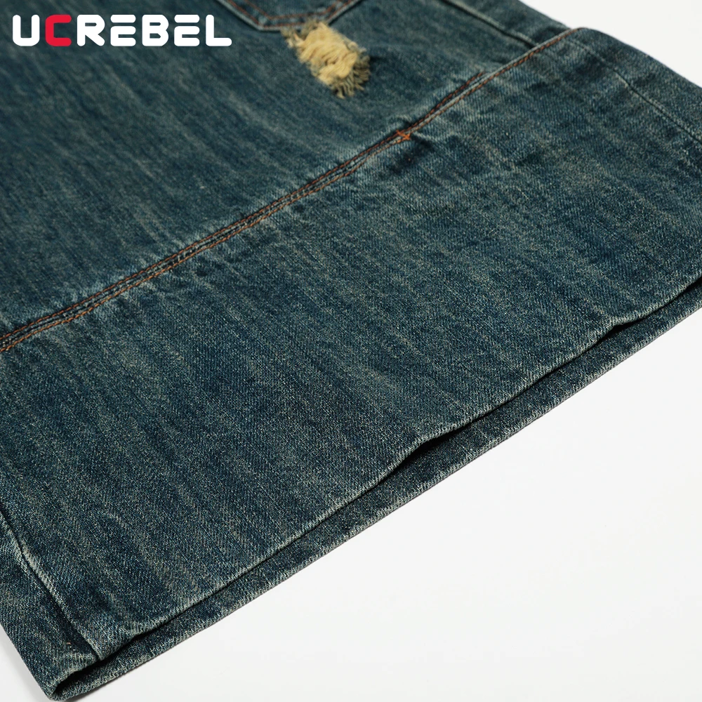 Bolso emendado denim shorts masculino rasgado lavado angustiado retro high street solto perna larga calças curtas