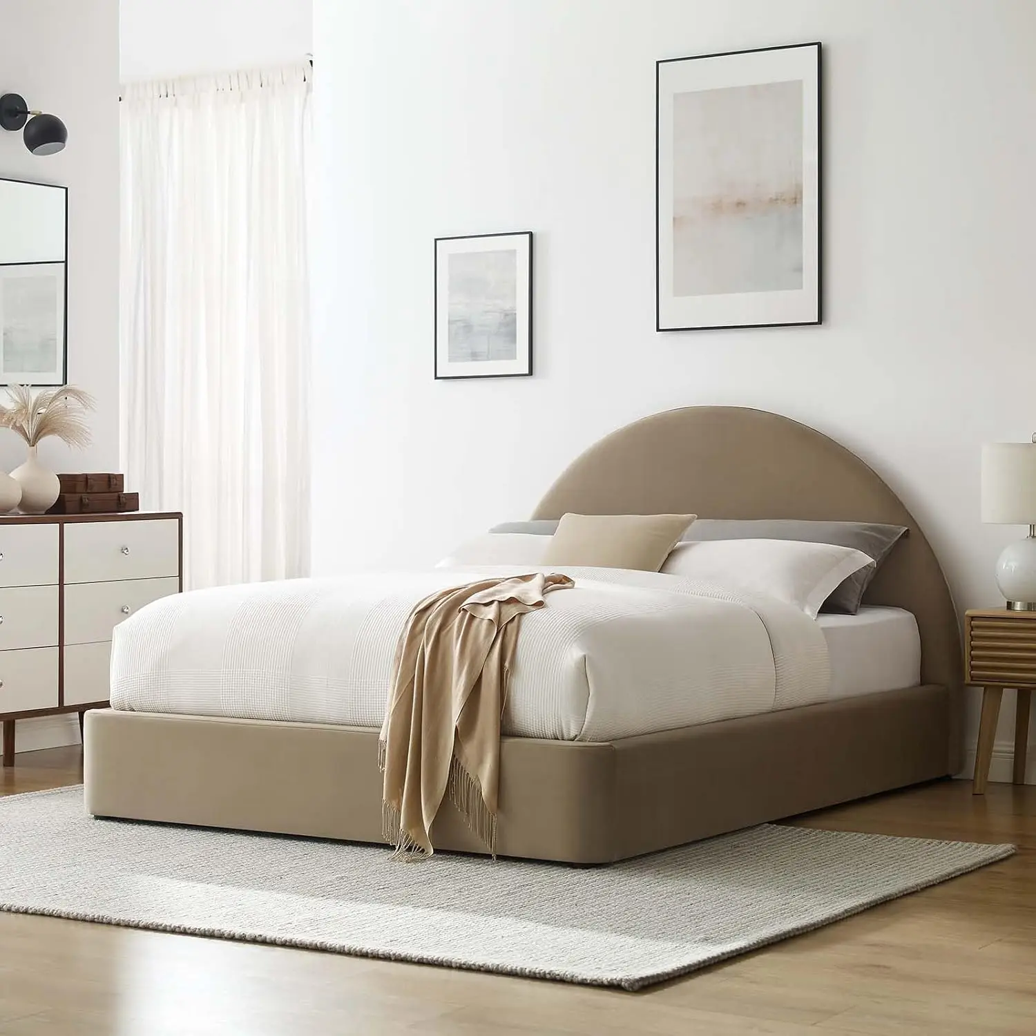 Resort Queen Size Platform Bed with Arch Shaped Round Headboard in Taupe,Soft Cloud Bed Frame, No Box Spring Needed