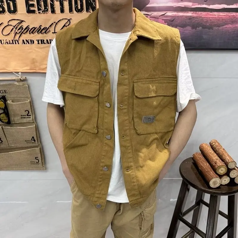 Men's Japanese Retro Multi Pocket Workwear Vest Casual Loose Utility Vest Jacket Streetwear Functional Sleeveless Jacket