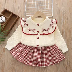 Girls Knitted Clothing Sets Spring Autumn Children Woolen Jersey Sweaters Coats Skirts Party Dress Suit For Baby Outfits Kids 6Y