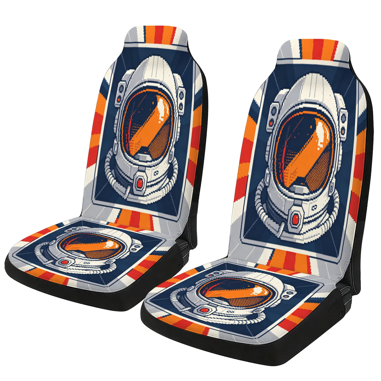 Car Seat Covers + Auto Seat Protectors + Universal Fit, Orange Astronaut Helmet Pixel Art With Navy And Red Rays, Modern, Car |