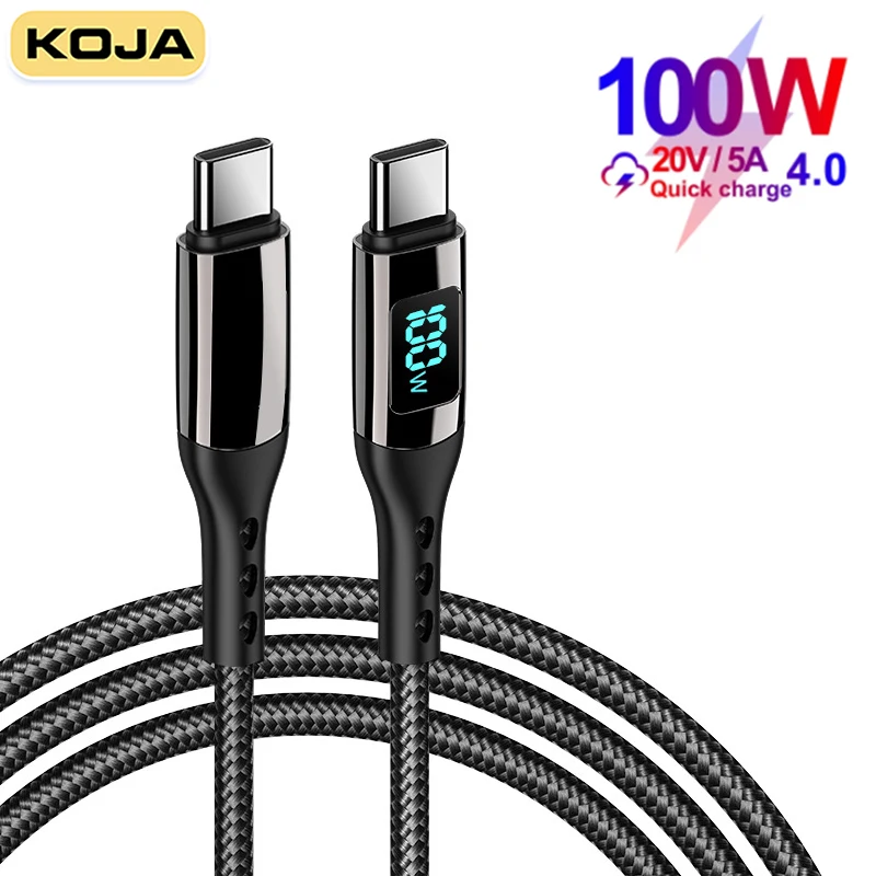 USB Type C To USB C Cable PD100W/5A LED Display Fast Charge Wire Cord For Macbook IPad Lenovo Laptop Xiaomi Samsung Huawei Phone