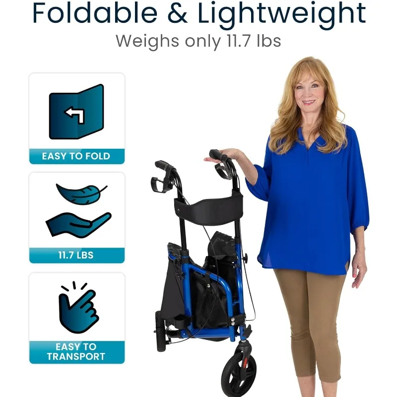 3輪歩行器（シート付き） - 高齢者・大人向け三輪歩行器 - 軽量で折りたたみ可能、シート、ブレーキ、車輪付き