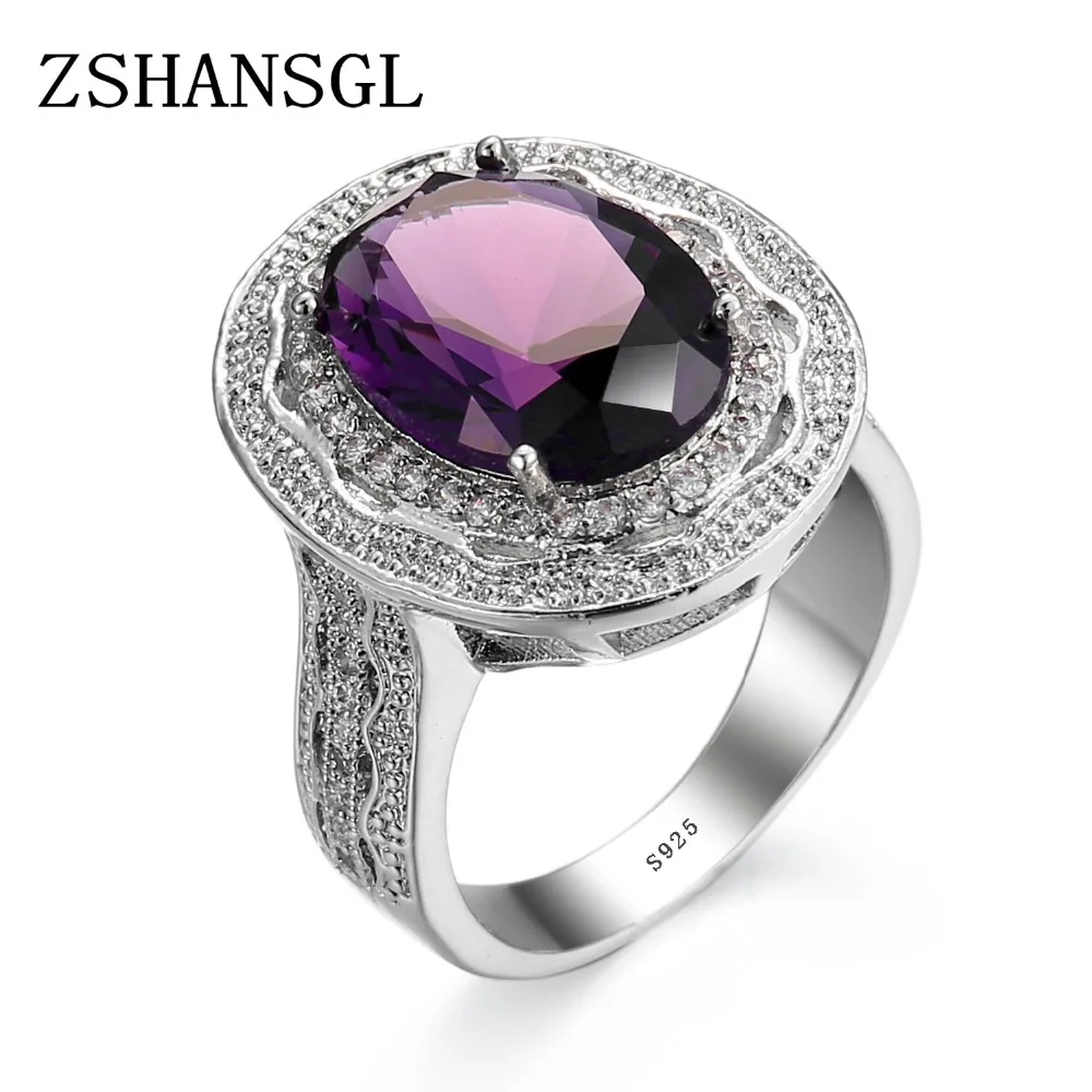 Classic Silver Female Girl Big AAA Purple Crystal CZ Stone Ring Wedding 925 Sterling Silver Rings Promise Engagement Ring