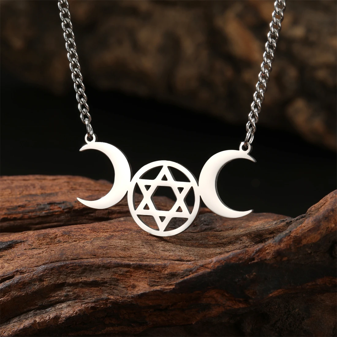 EUEAVAN Witch Triple Moon Goddess Necklace Women Stainless Steel Jewish Star of David Hexagram Pendant Chain Amulet Jewelry Gift