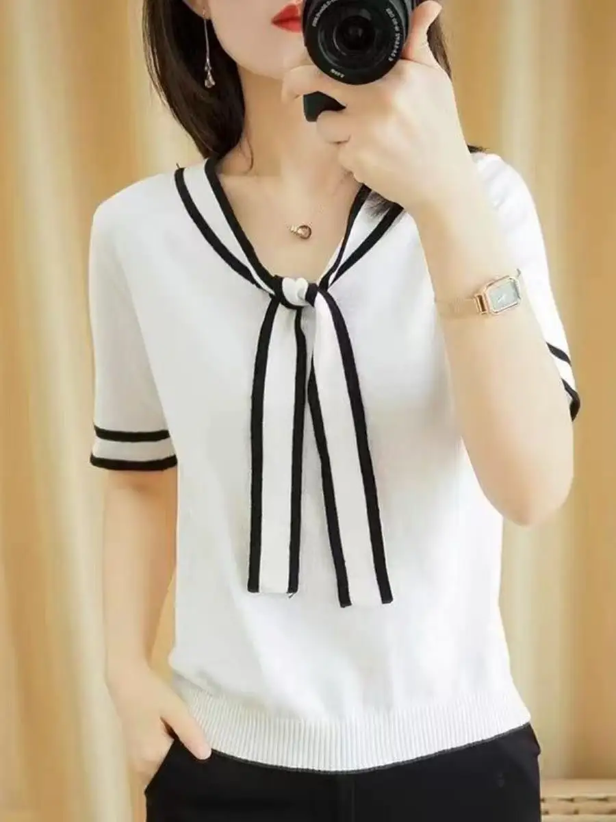 conjunto-de-duas-pecas-feminino-2026-camiseta-de-malha-manga-curta-gola-v-estilo-colegial-com-cinto-e-blusa-base-curta-versatil