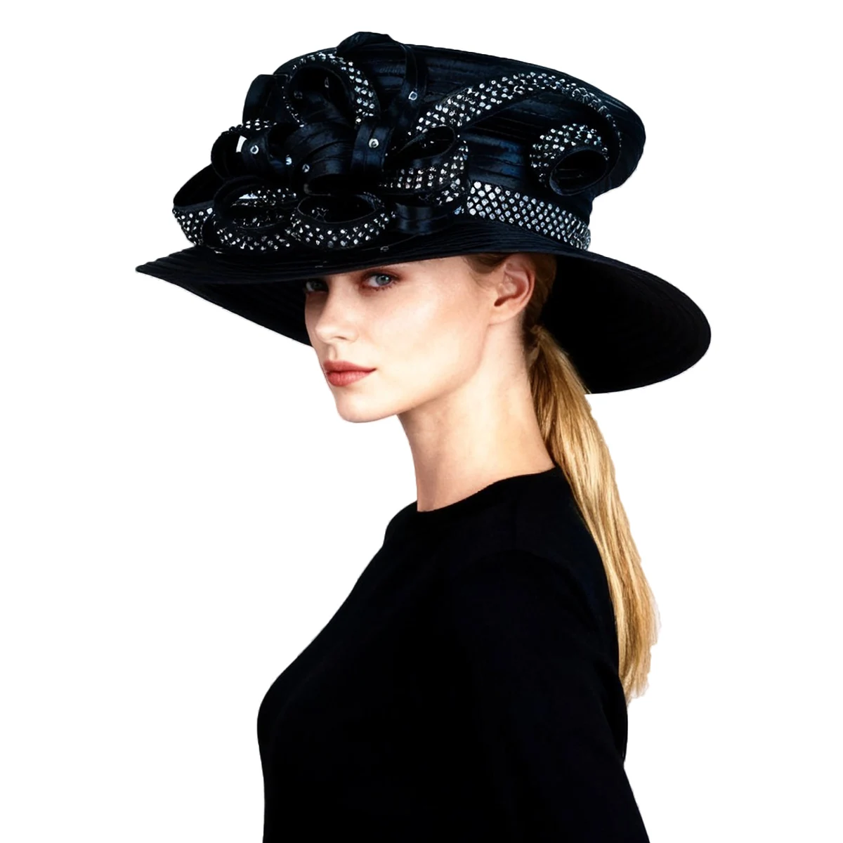 Women's Wide Brim Black Bowler Hat Cap with Flower Rhinestone Flat Top Sun Visor Hats for Formal Tea Party Dress Cocktail