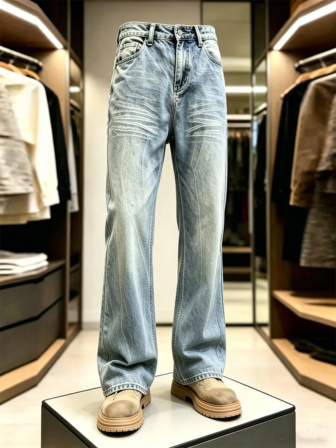

Cleanfit Lightning Pattern Bell Bottom Jeans Men's Summer American High Street Washed out Straight Leg Knife Pants