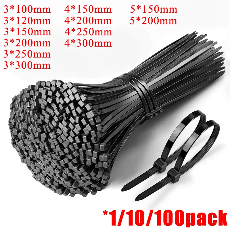 250/1000PCS Self-locking Plastic Nylon Tie Black 3*100 3*150 4*200 Cable Tie Fastening Ring Zip Wraps Strap Nylon Cable Tie Set