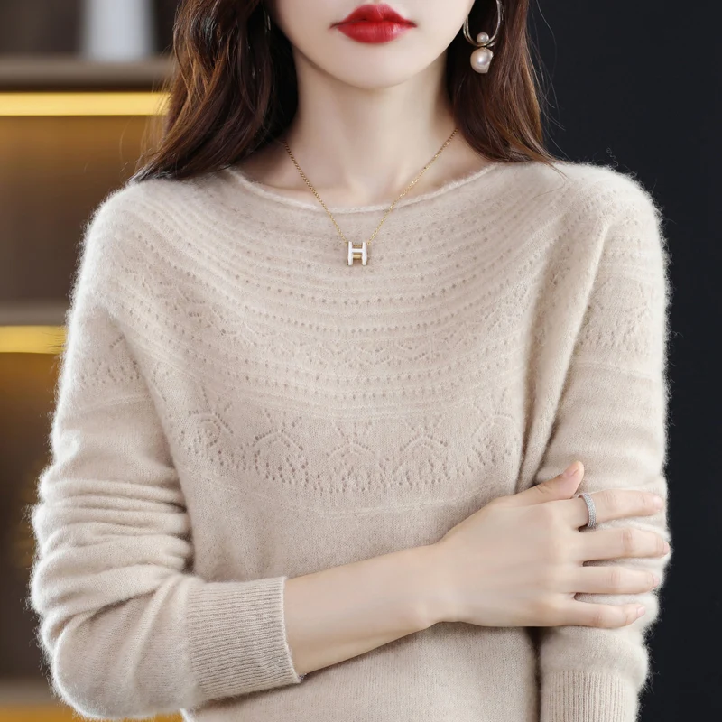 100% merino wool seamless cashmere sweater ladies O-neck pullover autumn and winter new knitted ground twisted wool sweater