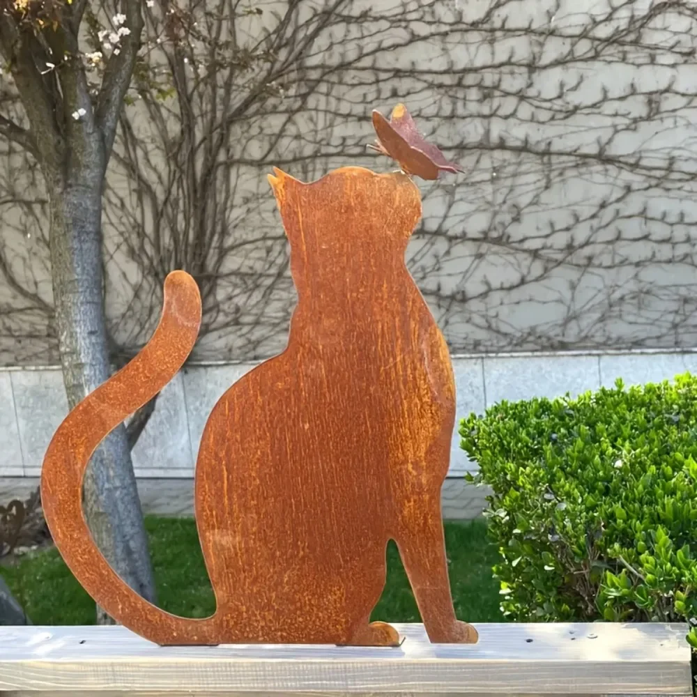 Rustic Metal Cat And Butterfly Garden Sculpture Whimsical Art with Textured Orange Cat Vibrant Yellow Butterfly